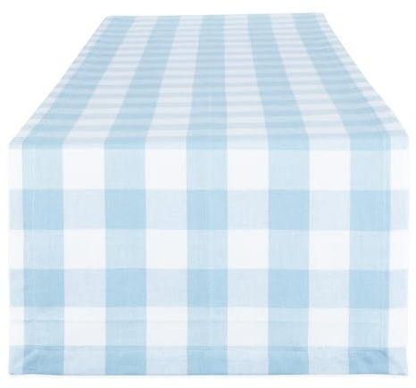 DII Buffalo Check Collection, Classic Farmhouse Table Runner, 14x108, Light Blue & White