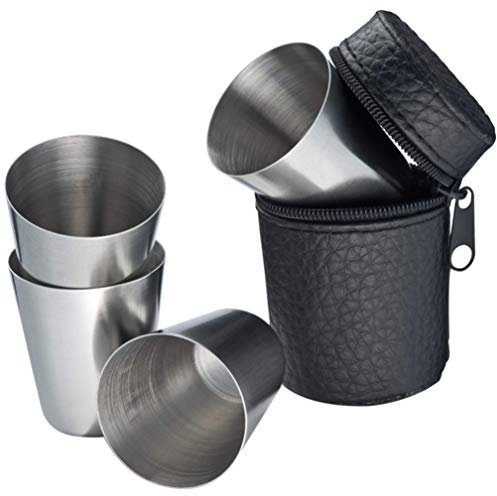 5-Teiliges Edelstahl-Becher Set, 4 unzerbrechliche Schnaps-Becher, Schnaps-Gläser aus Metall, Metall-Becher PU Leder-Tasche, ideales Flachmann-Zubehör