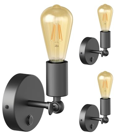 ledscom.de 3x Vintage E27 Wand-Leuchte FETRO mit Schalter, schwarz, schwenkbar, inkl. E27 Lampe Retro gold, extra-warmweiß 489lm