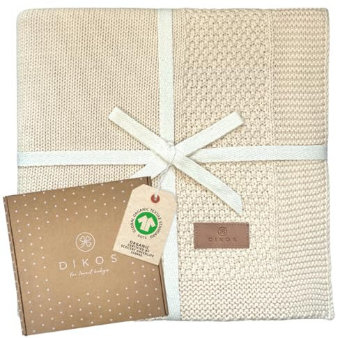 DIKOS® Babydecke aus *100%* GOTS Bio Baumwolle naturbeige | weiche Neugeborenen Decke Baby Mädchen/Junge | Strickdecke Kuscheldecke ganzjährig | Erstausstattung für Neugeborene Geschenk zur Geburt