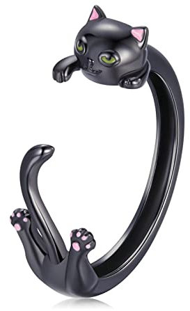 Qings Katze ringe für Damen 925 Sterling Silber Verstellbare Tiere Ringe Schwarz Gun Plated Katze Offener Ring Schmuck Geschenke für Frauen Mädchen Katzenliebhabe
