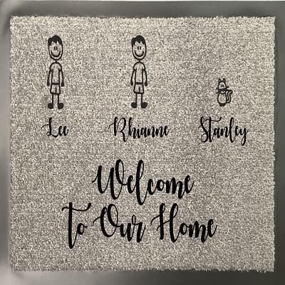 One of a kind design UK Personalised Grey Doormat 40x60cm – Custom Stick Figure Family Mat with Names Anti-Slip Rubber Backed, Washable Nylon Indoor Door Mat for Hallway, Entrance, Kitchen, Bathroom