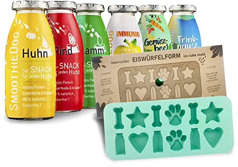 Hunde Smoothie SmoothieDog 6er Mix + Eiswürfelform - je 1x: Huhn, Rind, Lamm, Ente, Immunio, Veggie - Hundeis selber machen - Leckerli für Hunde - zucker- & glutenfrei - je 250ml
