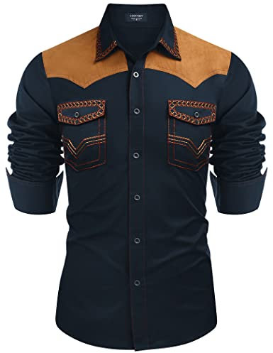 COOFANDY Western-Cowboy-Hemd für Herren, bestickt, langärmelig, schmale Passform, lässig, Baumwolle, Button-Down-Hippie-Shirt, mit Taschen, Marineblau, L