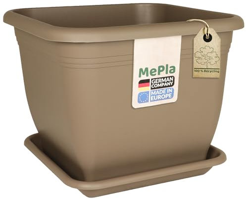 MePla - Blumentopf Pflanzkübel Quadrat 58x58 cm + Untersetzer 49x49 cm, Taupe, wetterfest aus UV-beständigem Kunststoff