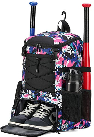 AI EN JIU Softball-Tasche, Baseballschläger-Tasche für Jugendliche, Mädchen, Erwachsene, leichter Baseball-Ausrüstungsrucksack mit Schuhfach, Helm (Rosa, Tarnung)