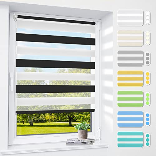 Doppelrollo klemmfix ohne Bohren & mit Bohren, 40x120cm (BxH) Schwarz-Weiß, 3-in-1 Duo Rollo für Fenster & Tür, Fensterrollo innen lichtdurchlässig & verdunkelnd, Klemmrollo Rollos Sonnenschutz