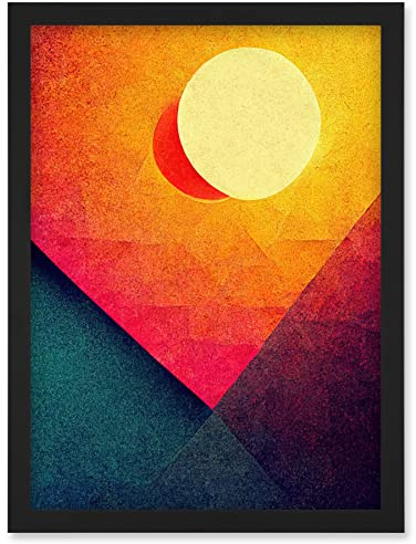Wee Blue Coo Abstract Geometric Retro Eclipse Moon Sun Yellow Pink Teal Colourful Sunset Artwork Framed Wall Art Print A4