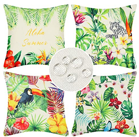 4er Set Kissenbezüge Tropische Blätter wasserdichte Sofakissen Outdoor Leinen Couchkissen Dekokissen 45 x 45 cm Grün Pflanze Bunt Blumen und Vögel Kissenhüllen für Balkon Terrasse Patio Garten Dekor