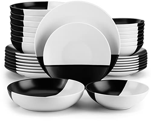 vancasso ACCEL Juego de vajilla 32 piezas para 8, Diseño Bicolor de Gres con 8 Platos Llanos, 8 Platos de Postre, 8 Cuencos para Pasta y 8 Cuencos de Cereales, Blanco y Negro