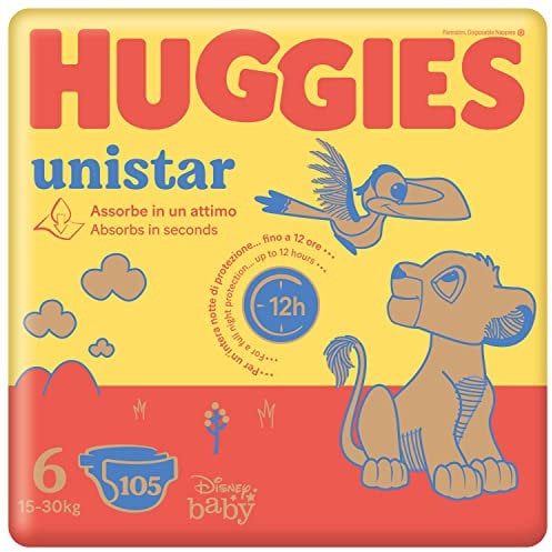 Huggies Unistar Pañales Talla 6 (15-30 kg), diseño Disney, protección completa, 105 unidades