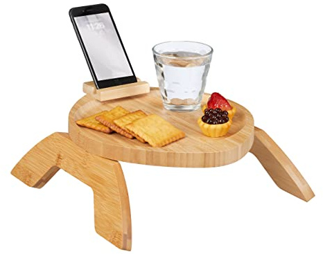 Relaxdays Sofatablett Armlehne, Bambus, Armlehnentisch mit Handyhalterung, BxT: 25 x 30 cm, Sofaablage Getränke, Natur