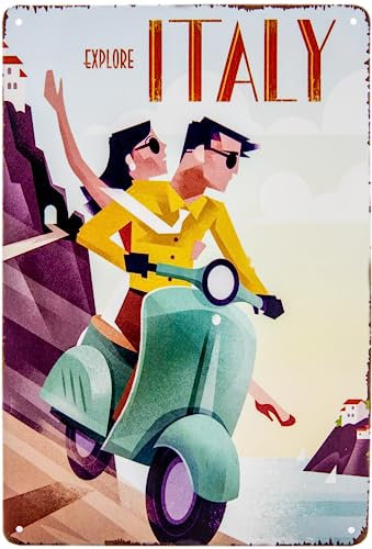 Historisches Retro Vintage Blechschild mit Reisemotiv, Urlaub Deko Schild, 30 x 20 cm (Roller - Italien)
