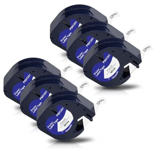 Pristar 6x Schriftband Kompatible für Dynmo 91221 S0721660 Etikettenband 12mm x 4m Plastik Band Kompatible für Dynmo XR LT-100H LT-100T 200B 80 Beschriftungsgerät, Schwarz auf Weiß
