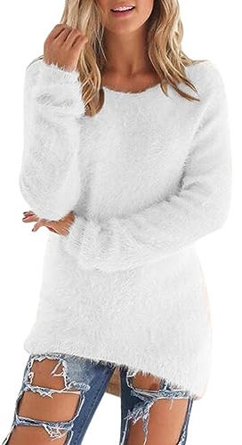 AMhomely Womens Ladies Teddy Fleece Sweatshirt Hooded Top Fluffy Warm Soft Cosy Pullover Jumper Long Sleeve Furry Tunic Tops Plain Basic Winter Warm Tee Shirts Pullover Tops Underwear White M