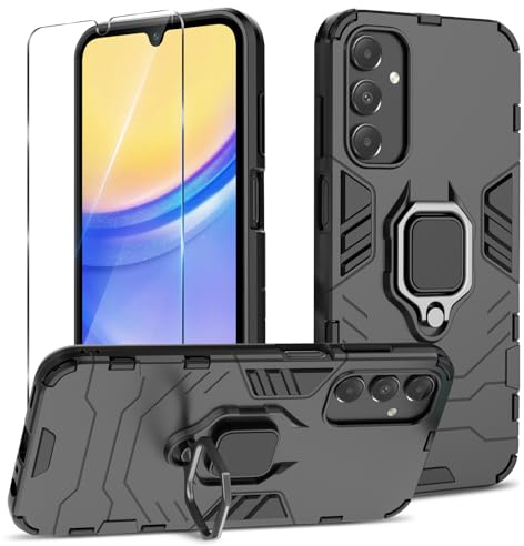 Btstring Coque pour Samsung Galaxy A15 avec Verre Trempé, Etui de Protection Antichoc de Qualité Militaire, Housse avec Anneau Support Métallique, Noir
