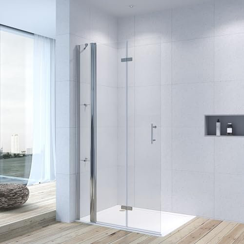 120 x 195 cm Faltbar Duschwand Glas Duschabtrennung Walk in Dusche aus 6 mm Nanobeschichtung, Faltwand für Duschwanne Mit Festteil Seitenteil und Wandablagen Glasregalen | Ohne Magnetprofil