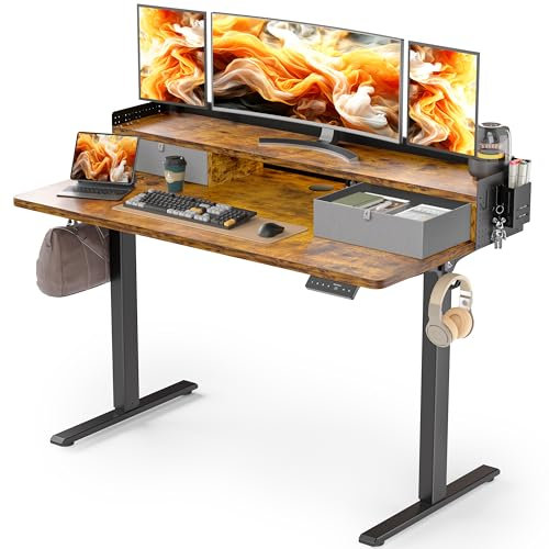 WALKINGDESK Höhenverstellbarer Schreibtisch Elektrisch mit 2 Schubladen, 120x60 cm Stehpult mit Stiftehalter und Kopfhörerhalter, Tisch für Home Office Büro, DIY Pegboard, 4 Haken, Rustikales Braun