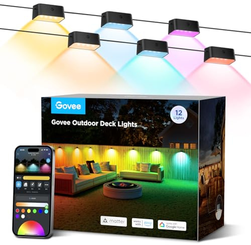 Govee Outdoor Deck Lights, Multicolor Outdoor Fence Lights, IP65 Waterproof Outdoor Lights with Smart Control, Preset Sences, Music Mode for Patio Decor, Wired 12 Packs (72ft)