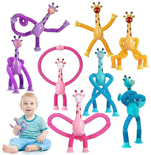 PASLFC 8 Stück Saugnapf Spielzeug Kinder Tiere,Teleskop Tiere mit Saugnapf,Teleskop Saugnapf Spielzeug,Pop Tubes Tiere,Teleskop Saugnapf Giraffen Spielzeug,Telescopic Suction Cup Giraffe Toy