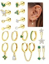 Morfetto 18 Stück Helix Piercings Chirurgenstahl für Damen - Medizinische Ohrstecker Ohrringe Hängend Gold Silber Conch Tragus Piercing Ohr Schmuck Gold-Grün CZ