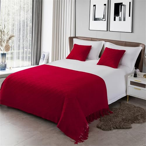 Odot Bettläufer mit Kissen Set, Bettläufer für den Fuß des Bettes mit Passende Kissenbezug Weich Mode Bettlaufer für Gästehaus Hotel Schlafzimmer Dekoration-Plaid (130x260+45cm,Rot)
