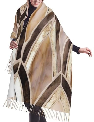 SpaRcz Art Deco Gold Braun Muster Winter Warmer Schal Quastenschal Damen Kaschmir Flor Fransenschal 196 x 68cm