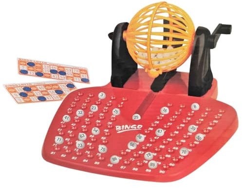 Acan Tradineur - Bingo manuale in plastica con 48 cartoni e 90 palline, set da tavolo tradizionale, familiare, minimo 2 giocatori, include gettoni, 14 x 26 x 28 cm