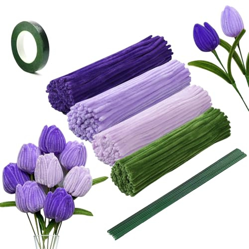 NICKLIN Violett Pfeifenreiniger Blumen Set, 240 Stück Pfeifenputzer | Tulpe Blumenstrauß Pfeiffenputzer Blumen mit 4 Farben, Flexibel, Leicht zu Schneiden, DIY Geschenke für Handwerk
