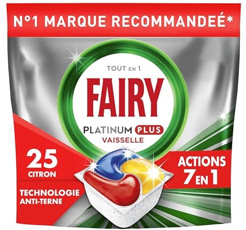 Fairy Platinum Plus Tablettes Lave-Vaisselle Tout En 1 Citron, Pack Familial 125 Capsules (5x25), Technologie Anti-terne, Redonne l'Éclat d'Origine, Efficace en Cycles Courts