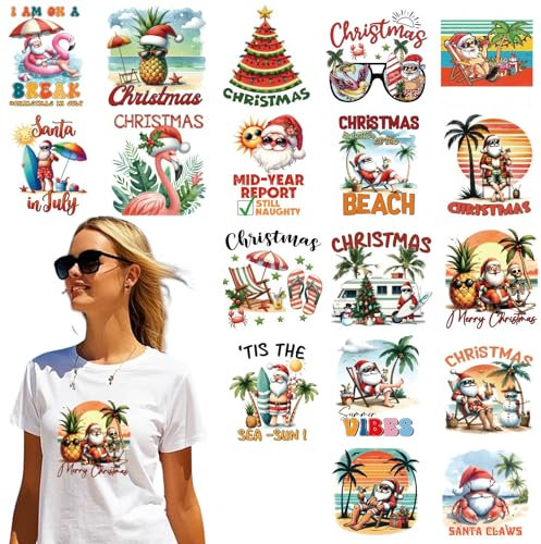 Bügelbilder Weihnachten im Juli – 18 Blatt Sommer zum Aufbügeln auf Vinyl Design Patches Strand Weihnachtsmann Flamingo Ananas DTF bereit zum Drücken Hitze-Aufkleber für Kleidung, T-Shirt, Hut, Tasche