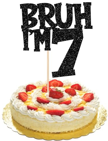 Xsstarmi 1 Pack Happy 7th Birthday Cake Topper Black Glitter Bruh I'm Seven Bro It's My BDAY Cake Pick for Cheers to 7 Years Birthday Party Cake Decorations Supplies