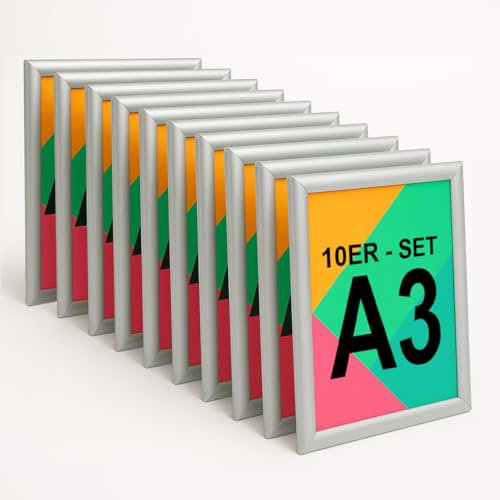 Aluanz Porte Affiche A3 Argent - Lot de 10 - Cadre clic-clac interchangeable, Affiche murale avec film antireflet, Cadre aluminium, Utilisation horizontale ou verticale - 45 x 33 x 1,2 cm