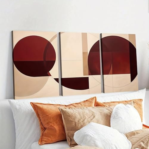 IHHGNB Leinwandbild, Gemälde, Drucke, abstrakte Formen in Burgunderrot und Beige, minimalistisches geometrisches Wandkunst-Poster, Heimdekoration, 20 x 35 cm (8 x 14 Zoll), 3 Stück, rahmenlos