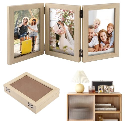 Xyvor Aufklappbarer Bilderrahmen 3 Bilder 10 X 15 Cm | 3Er Bilderrahmen Klappbar Aus Holz, Klappbilderrahmen Und Ständer, Photo Frame für Schreibtisch Dekoration, Familie