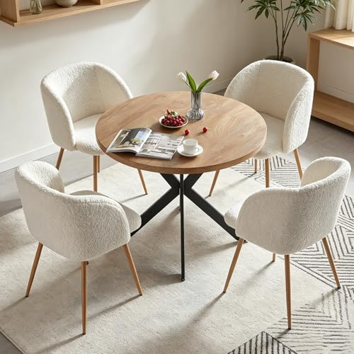NORDICANA Esstisch mit 4 Stühlen Set, 95cm Runder Esstisch und 4 Kunstfell Loungesessel, Esszimmergruppe mit 4 Essstühlen, für Küche, Büro, Wohnzimmer, Balkon, Restaurant(Tisch+4 Beige Stühle)