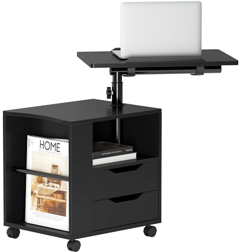 AuraCraft Comodino con altezza regolabile, comodino con cassetti e ripiani aperti, tavolino mobile con ruote per camera da letto, soggiorno (nero, 60 x 40 x 70-90 cm)