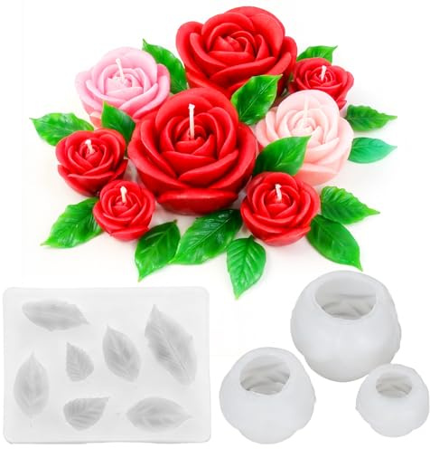 Lnngub Rose Silicone Mold Rose Candle Mold 4 Pcs Set of Large + Medium + Small 3D Roses Flower Silicone Molds with Leaf Molds for Candles Making Candles Home Decorate Clay Craft