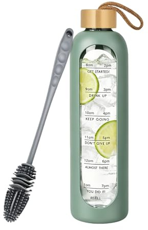 YYTECH Trinkflasche Glas 1L, Auslaufsichere Wasserflasche mit Hydrationsskala, Borosilikatglas Flasche mit Bürste & Silikonhülle, Geeignet für Warme und Kalte Getränke, BPA-frei – Olivgrün