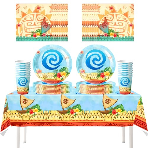 61 pezzi Set di stoviglie a tema “Moana” per feste, feste hawaiane, comprendente bicchieri, tovaglioli, piatti, tovaglie, feste di compleanno a tema “Moana”