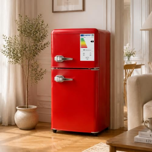 ZHOMGG Mini Frigo Congélateur Combiné 2 Portes 60 L Compact 41 cm (Rouge) | -18°C freezer, 45 dB silencieux, 7 niveaux 0-10°C, LED, étagères réglables, pour Chambre, Bureau et Salon, 41×45×89 cm
