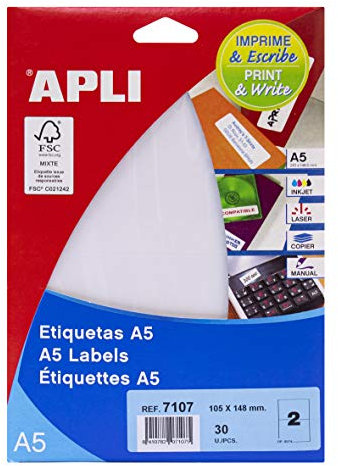 APLI 7107 Etiketten A5, Weiß, 105 x 148 mm, 15 Blatt