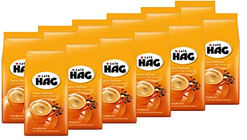 Jacobs Café HAG Klassisch Mild Café Crema, 12 x 500g entkoffeinierte Kaffeebohnen, ganze Bohne, ideal auch für Espresso, Cappuccino, Latte Macchiato aus dem Kaffee-Vollautomaten, 6000 g