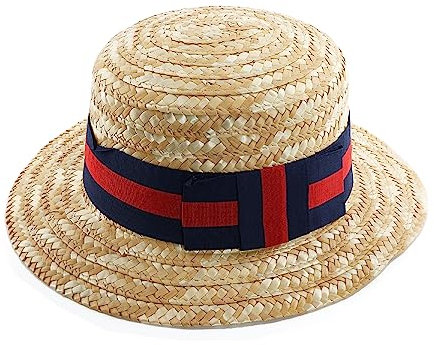 0316PM2Q074 ILOVEFANCYDRESS Chapeau de canotier en Paille avec Un Ruban Bleue et Rouge pour Adulte. Ideal pour Avoir l'élégance en été. (X12)