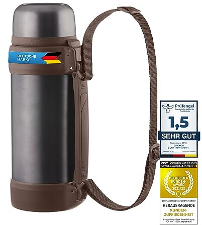 Dimono® Termo XXL de 2 litros termo de doble pared termo iso con taza y correa de transporte (Negro metálico)
