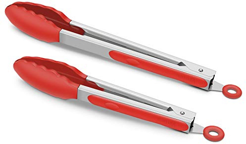 2 Pack Silicone Kitchen Tongs – 9 & 12 Set, Heat Resistant up to 500°F, Non‑Stick Cookware Safe, Wavy Silicone Tips, BPA Free, Locking Clip & Hanging Loop, Red