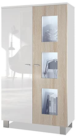 Vladon Vitrine de Salon Denjo, Vitrine sur Pied avec 2 Portes et 3 vitres, Blanc Mat/Blanc Haute Brillance/Chêne Brut, éclairage LED Inclus (71 x 129 x 35 cm)