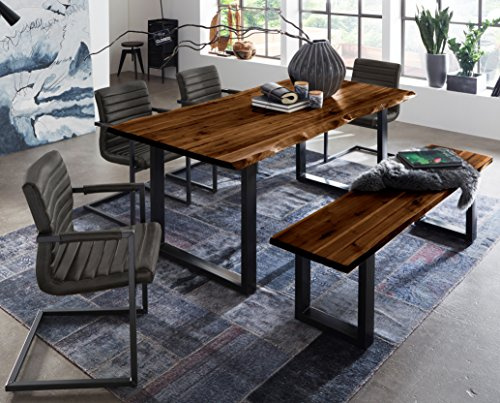 SAM 6tlg. Essgruppe 160x85 Akazie nuss/schwarz, Bank, 4X Stuhl anthrazit | Baumkantentisch & -Bank 160x42 cm + Schwingstuhl Parzivo, Tischgruppe Quintus, Akazie-Holz nussbaumfarben