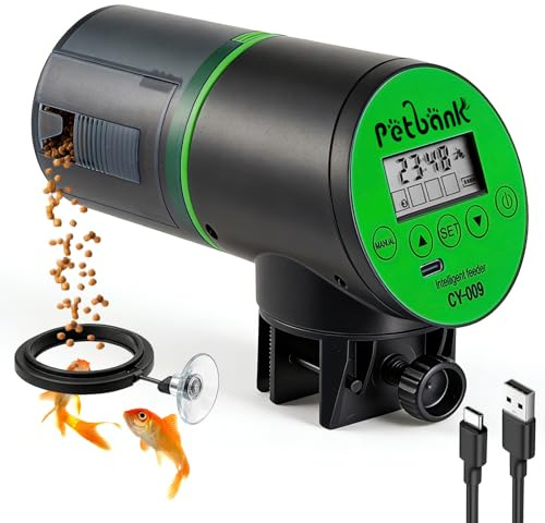 Petbank Automatic Fish Feeder for Aquariums - Rechargeable Auto Fish Food Dispenser Timer Feeder with USB Charger Cable,LCD Screen, Customized Schedule