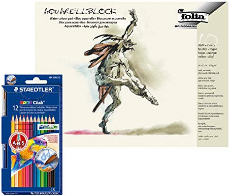 Staedtler Aquarell-Buntstifte, sechskant, Set mit brillanten Farben (12 Stück + Aquarellblock)